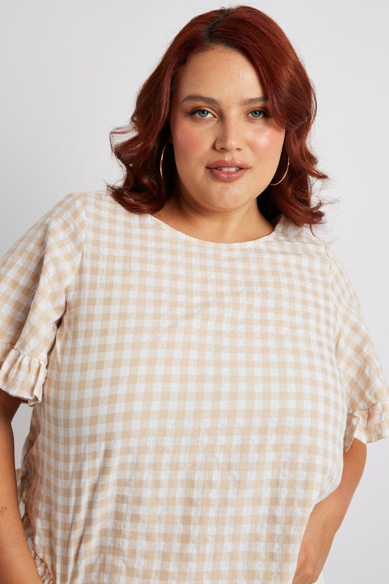 Beige Check Smock Top Short Sleeve for YouandAll Fashion