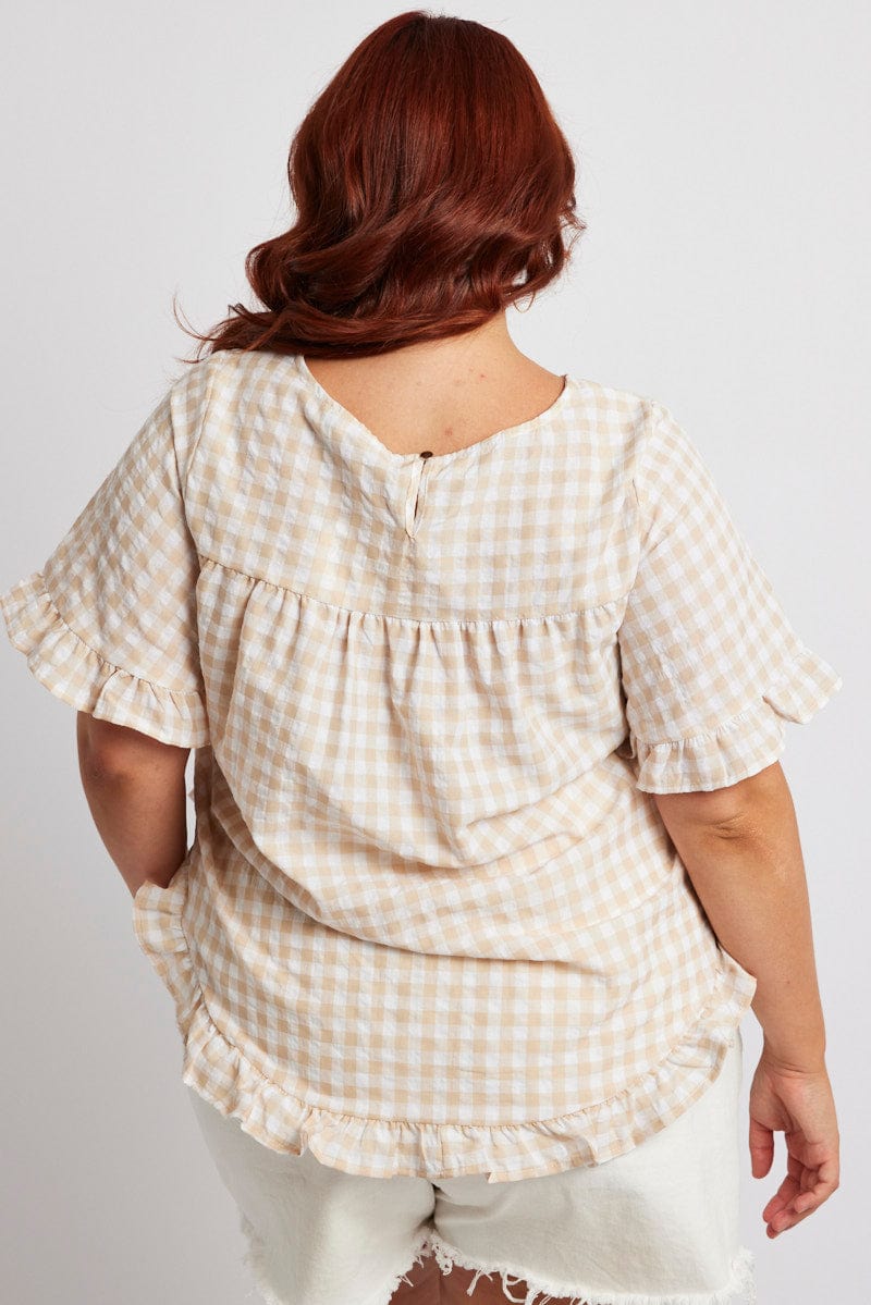 Beige Check Smock Top Short Sleeve for YouandAll Fashion