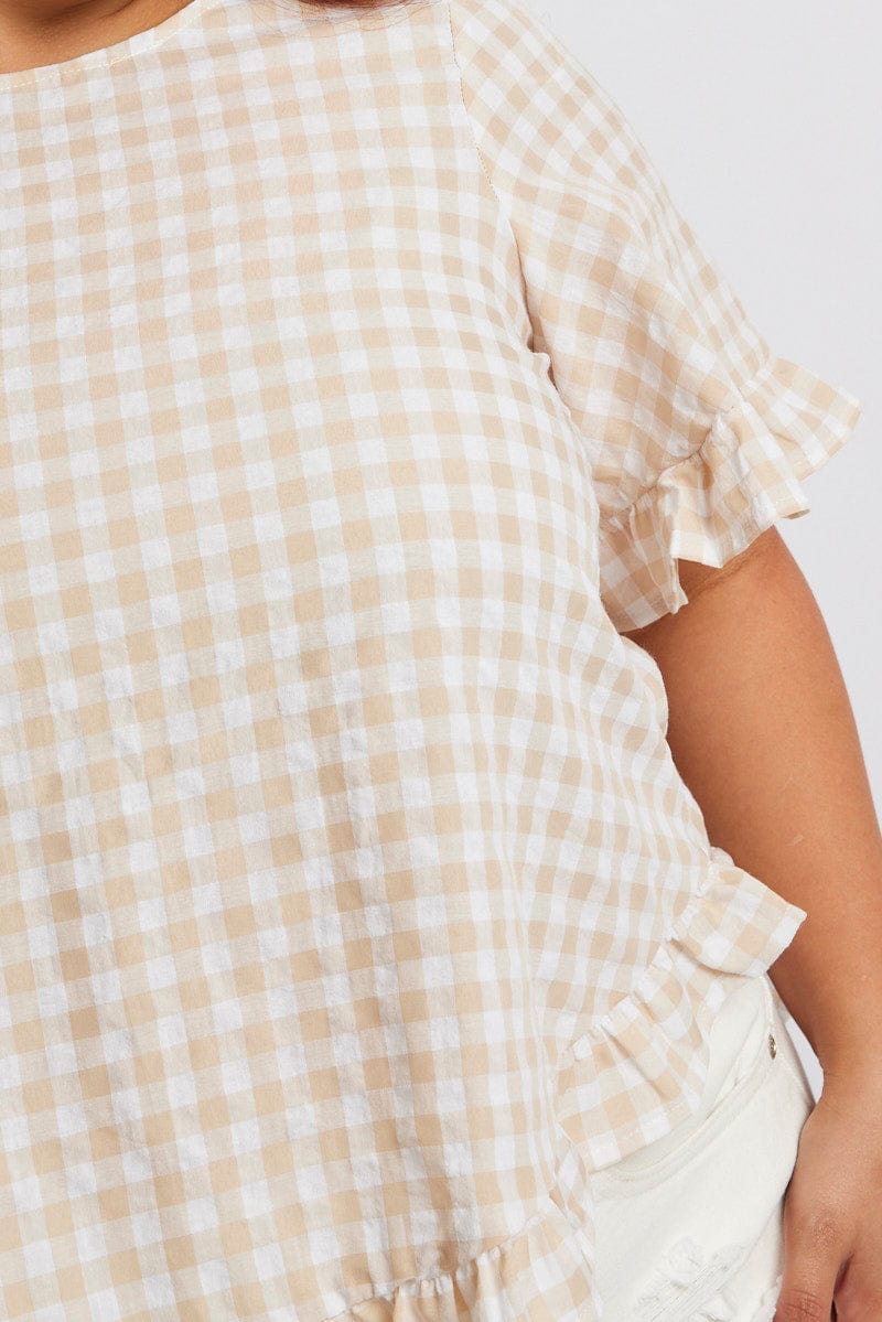 Beige Check Smock Top Short Sleeve for YouandAll Fashion