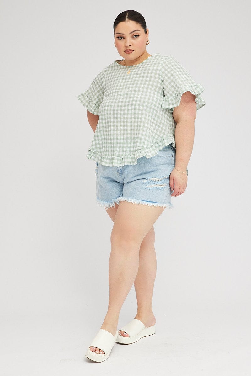 Green Check Smock Top Short Sleeve for YouandAll Fashion