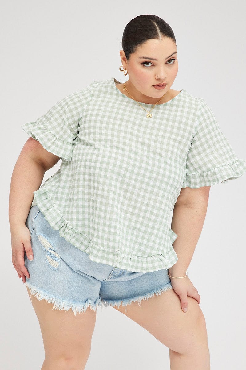 Green Check Smock Top Short Sleeve for YouandAll Fashion