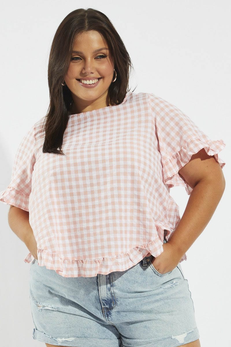 Pink Check Smock Top Short Sleeve for YouandAll Fashion