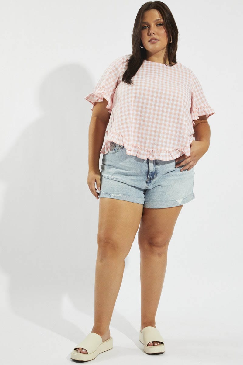 Pink Check Smock Top Short Sleeve for YouandAll Fashion