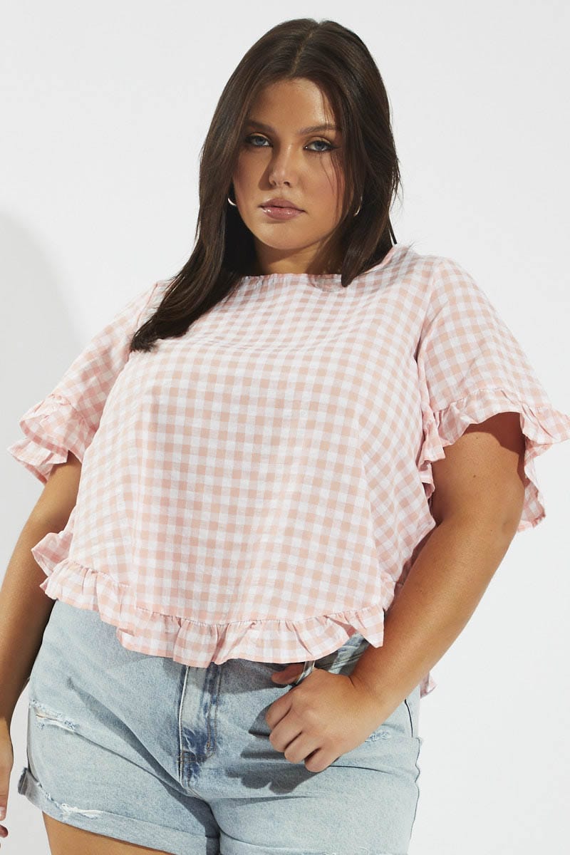 Pink Check Smock Top Short Sleeve for YouandAll Fashion