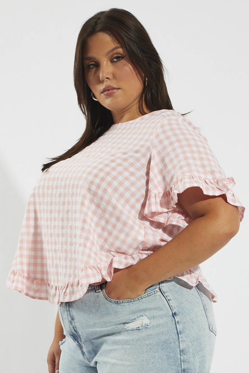 Pink Check Smock Top Short Sleeve for YouandAll Fashion