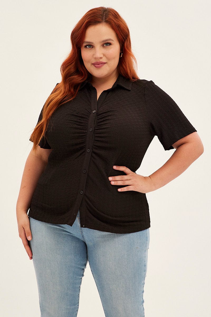 Black Ruched Shirt Short Sleeve Button Up for YouandAll Fashion