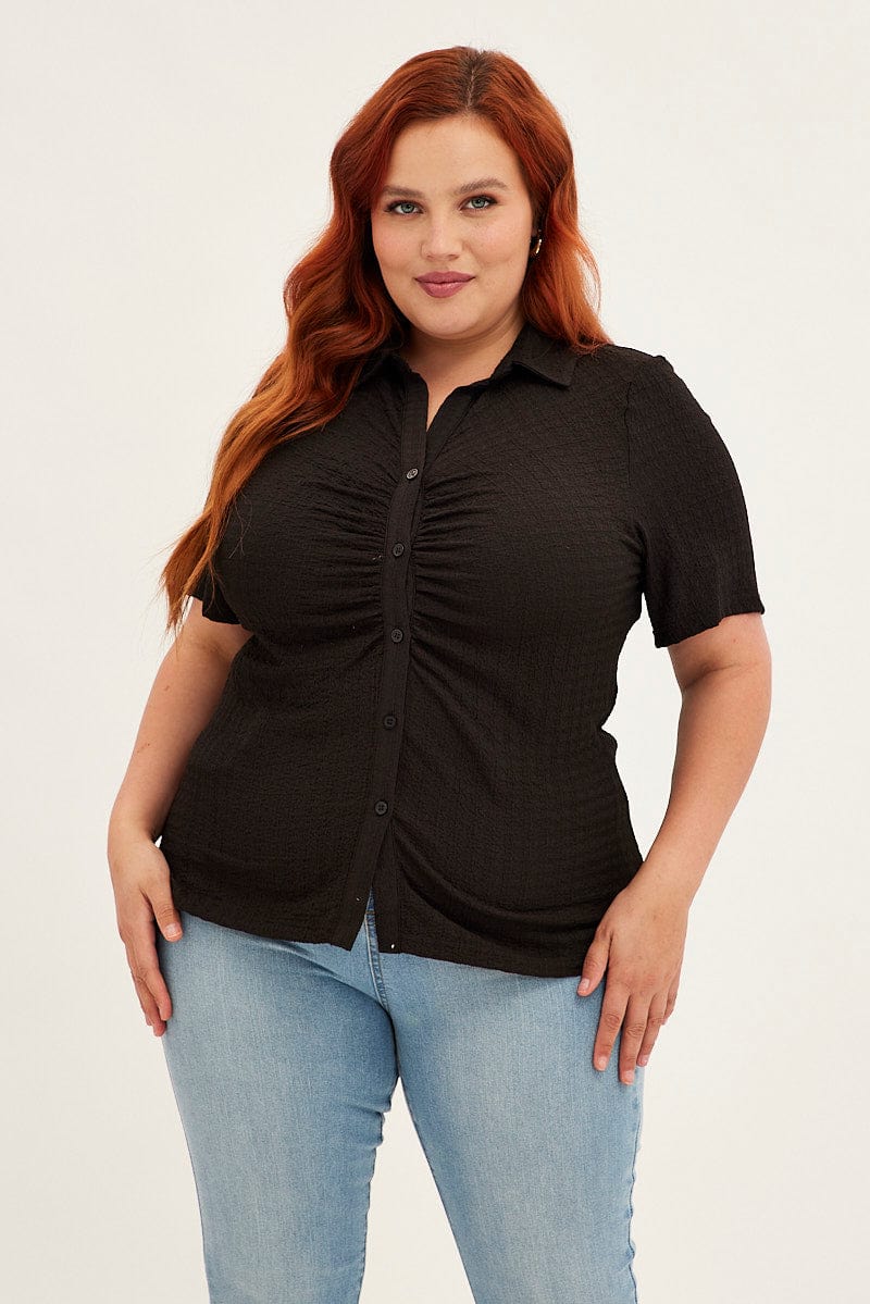 Black Ruched Shirt Short Sleeve Button Up for YouandAll Fashion