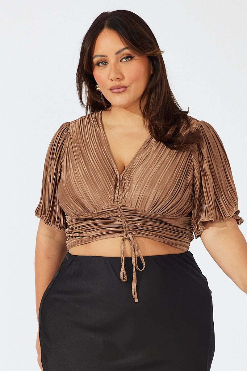 Brown Crop Top Short Sleeve Ruched Front Plisse for YouandAll Fashion