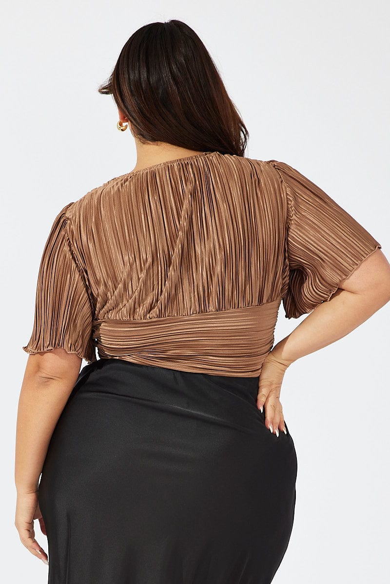 Brown Crop Top Short Sleeve Ruched Front Plisse for YouandAll Fashion