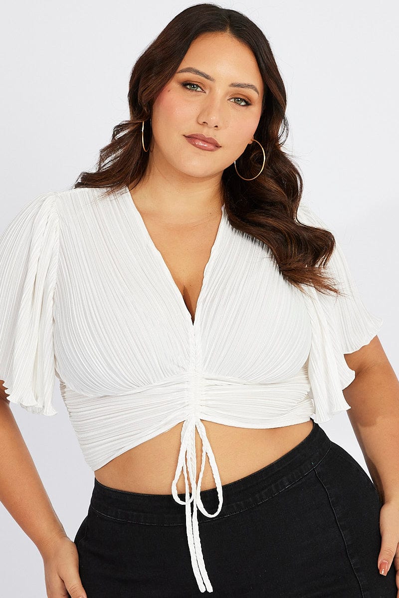 White Crop Top Short Sleeve Plisse for YouandAll Fashion