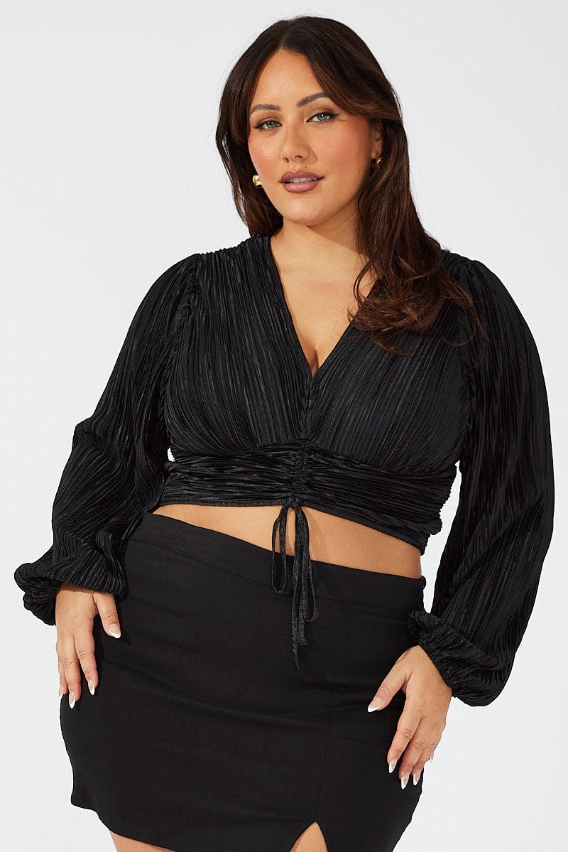 Black Crop Top Long Sleeve Ruched Plisse for YouandAll Fashion