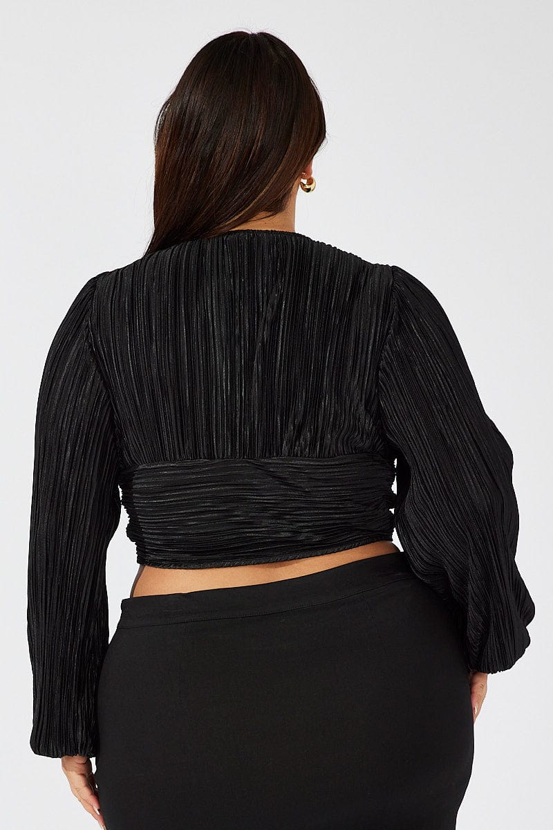 Black Crop Top Long Sleeve Ruched Plisse for YouandAll Fashion