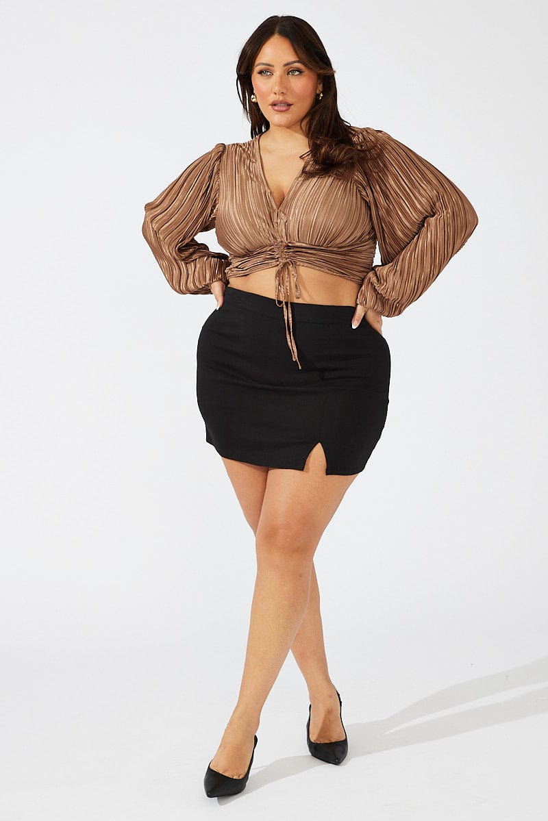 Brown Crop Top Long Sleeve Ruched Plisse for YouandAll Fashion