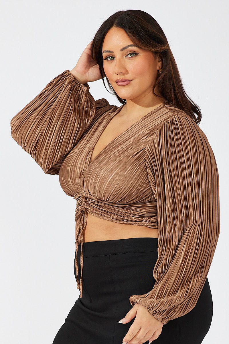 Brown Crop Top Long Sleeve Ruched Plisse for YouandAll Fashion