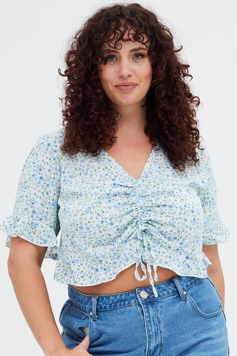 Blue Ditsy Crop Top Short Sleeve Ruched Front for YouandAll Fashion