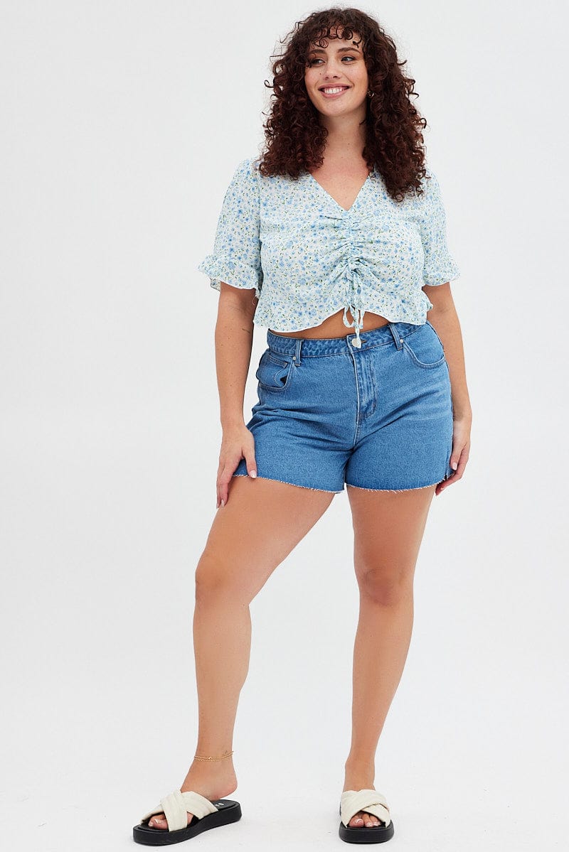 Blue Ditsy Crop Top Short Sleeve Ruched Front for YouandAll Fashion