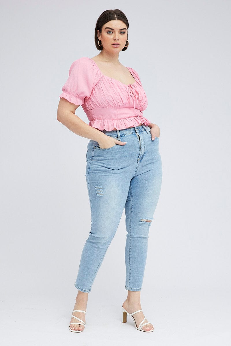 Pink Peplum Top Short Sleeve Ruched Bust for YouandAll Fashion