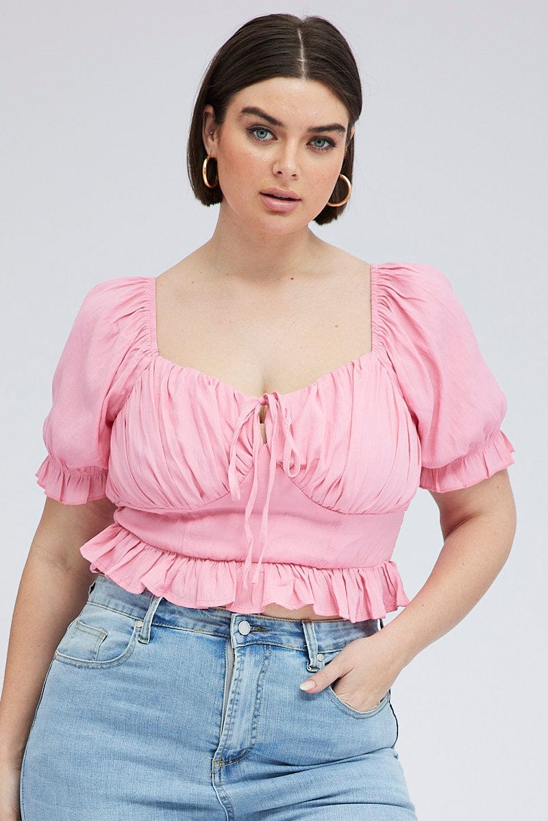 Pink Peplum Top Short Sleeve Ruched Bust for YouandAll Fashion