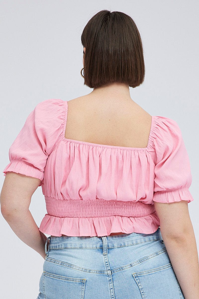 Pink Peplum Top Short Sleeve Ruched Bust for YouandAll Fashion