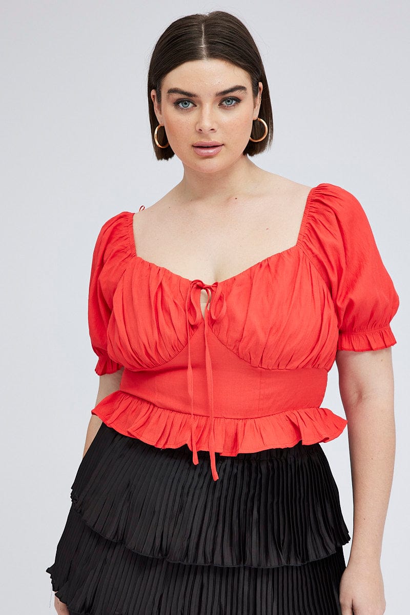 Red Peplum Top Short Sleeve Ruched Bust for YouandAll Fashion