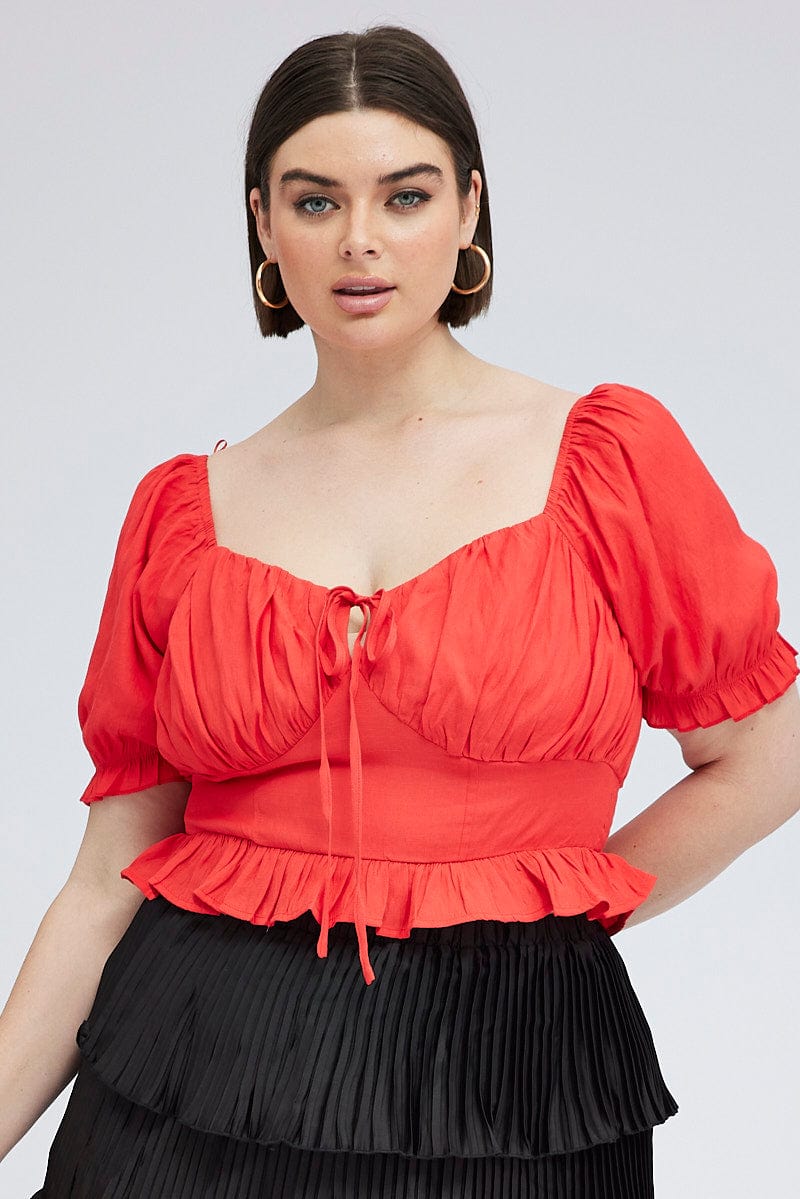 Red Peplum Top Short Sleeve Ruched Bust for YouandAll Fashion