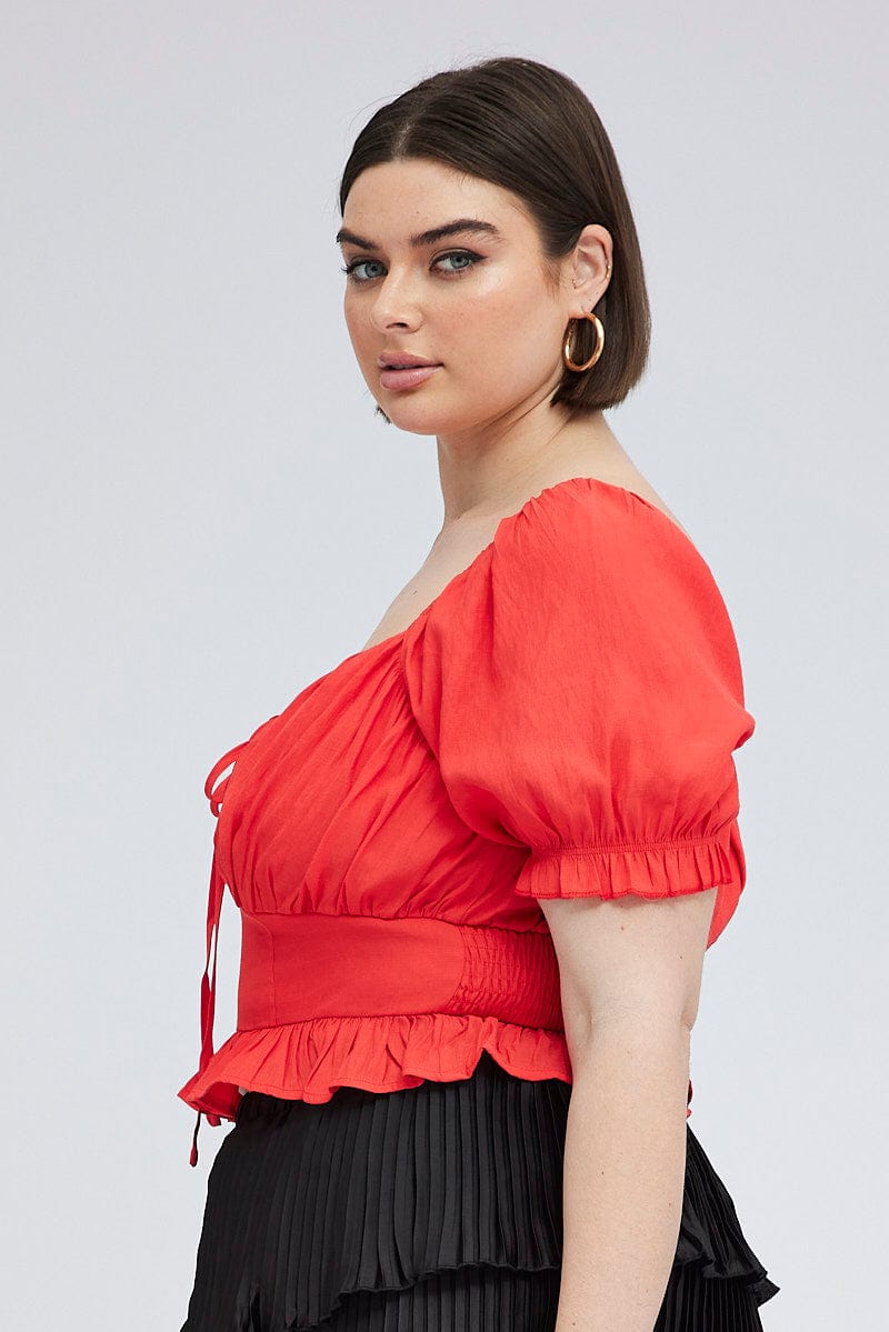 Red Peplum Top Short Sleeve Ruched Bust for YouandAll Fashion