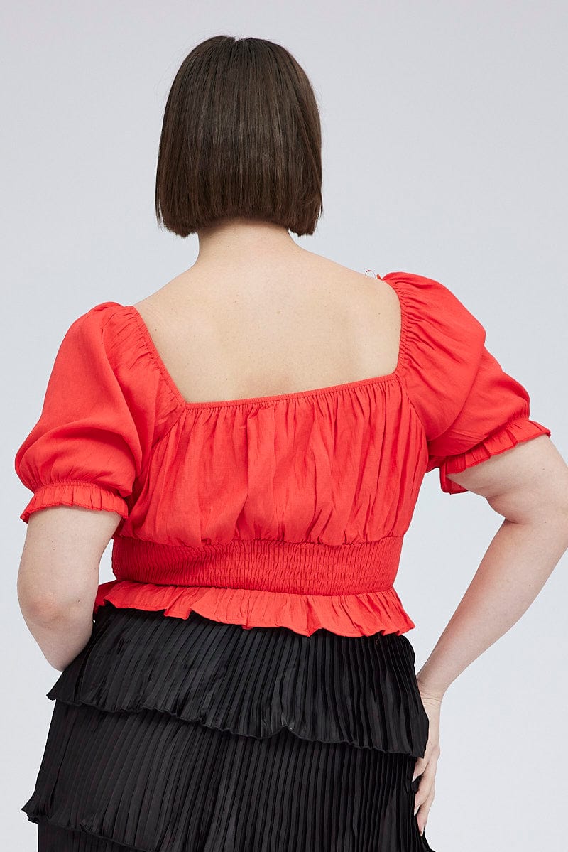 Red Peplum Top Short Sleeve Ruched Bust for YouandAll Fashion