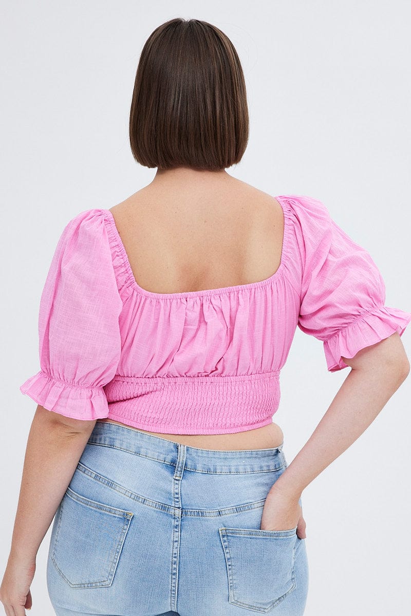 Pink Crop Top Short Sleeve Gathered Bust for YouandAll Fashion