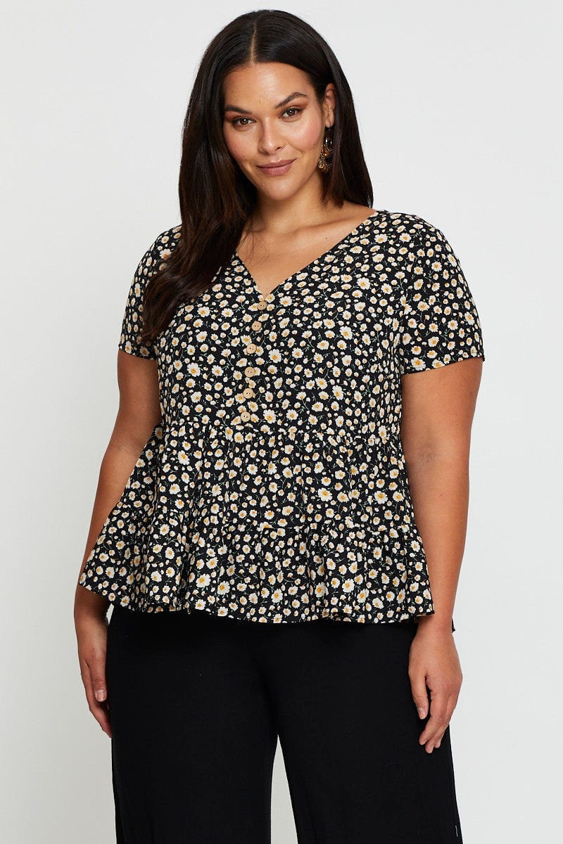 Floral Prt V-Neck Tie Top Short Sleeve Button Front For Women By You And All