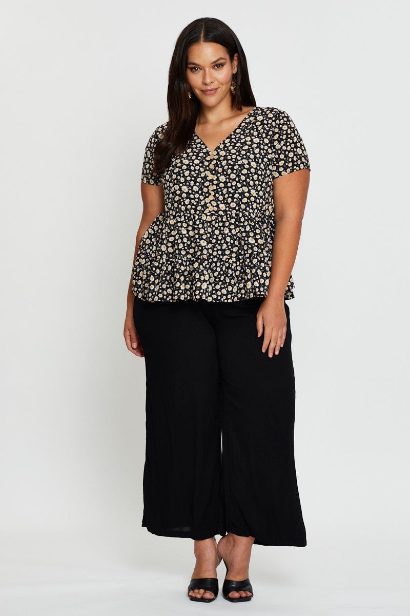 Floral Prt V-Neck Tie Top Short Sleeve Button Front For Women By You And All