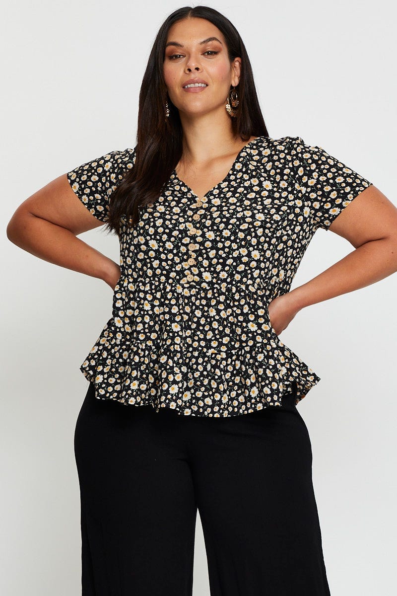 Floral Prt V-Neck Tie Top Short Sleeve Button Front For Women By You And All