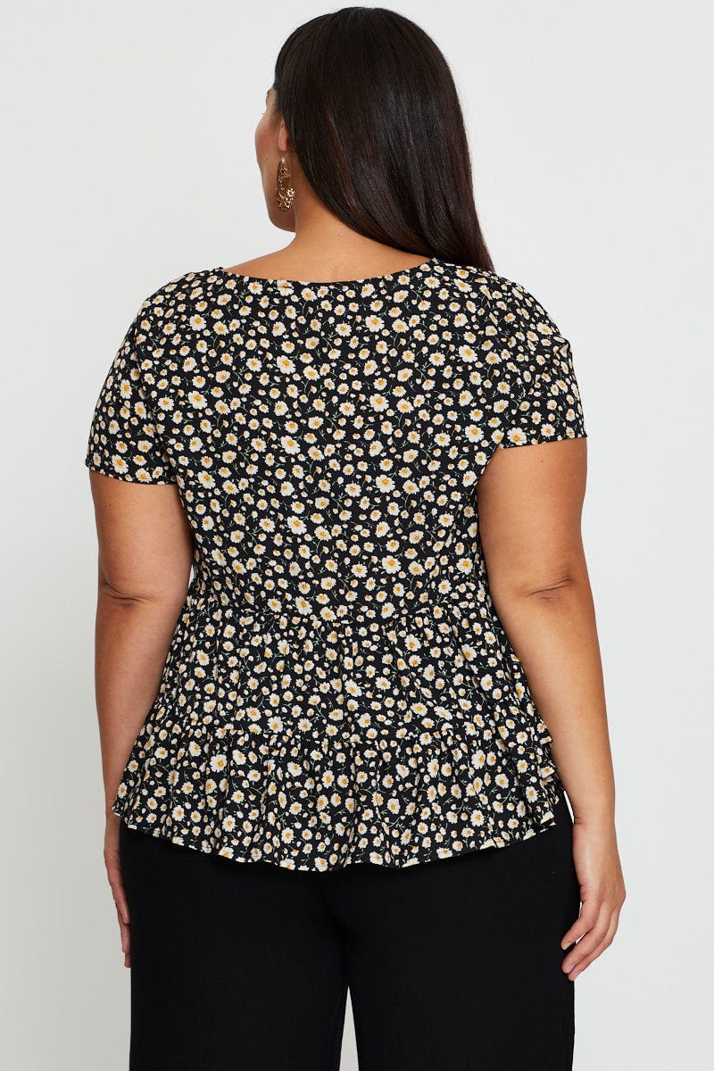 Floral Prt V-Neck Tie Top Short Sleeve Button Front For Women By You And All