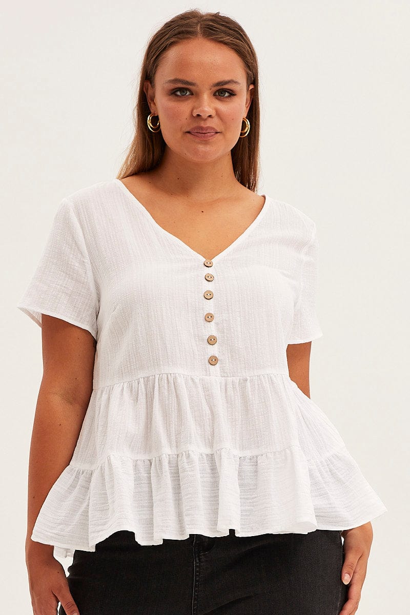 White Relaxed Top Short Sleeve V Neck Tiered Cotton for YouandAll Fashion