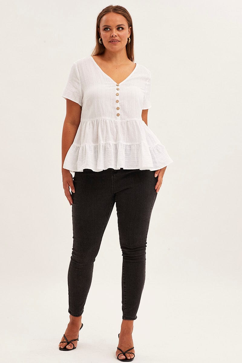 White Relaxed Top Short Sleeve V Neck Tiered Cotton for YouandAll Fashion