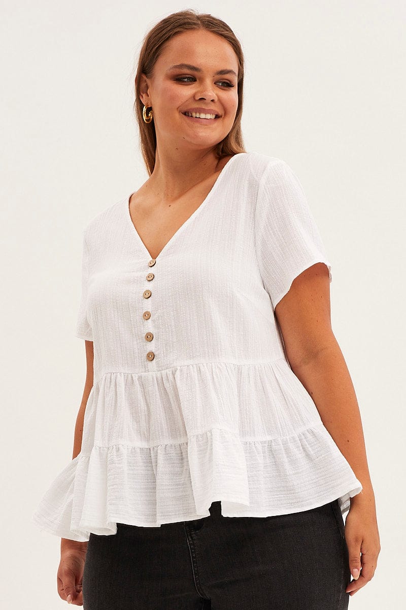 White Relaxed Top Short Sleeve V Neck Tiered Cotton for YouandAll Fashion