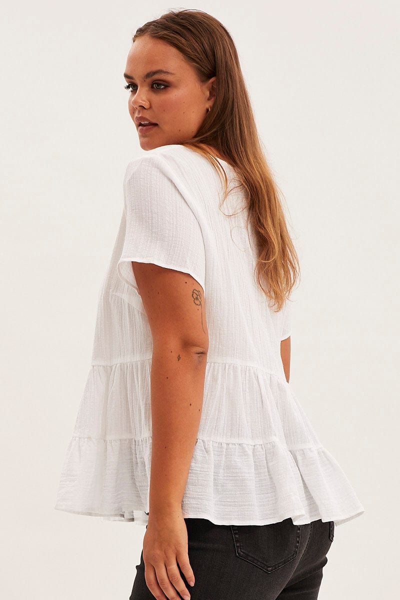 White Relaxed Top Short Sleeve V Neck Tiered Cotton for YouandAll Fashion