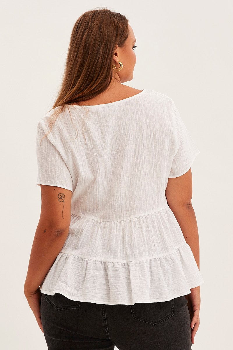 White Relaxed Top Short Sleeve V Neck Tiered Cotton for YouandAll Fashion