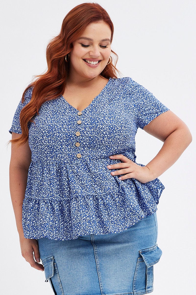 Blue Ditsy Tiered Top Short Sleeve V-Neck for YouandAll Fashion