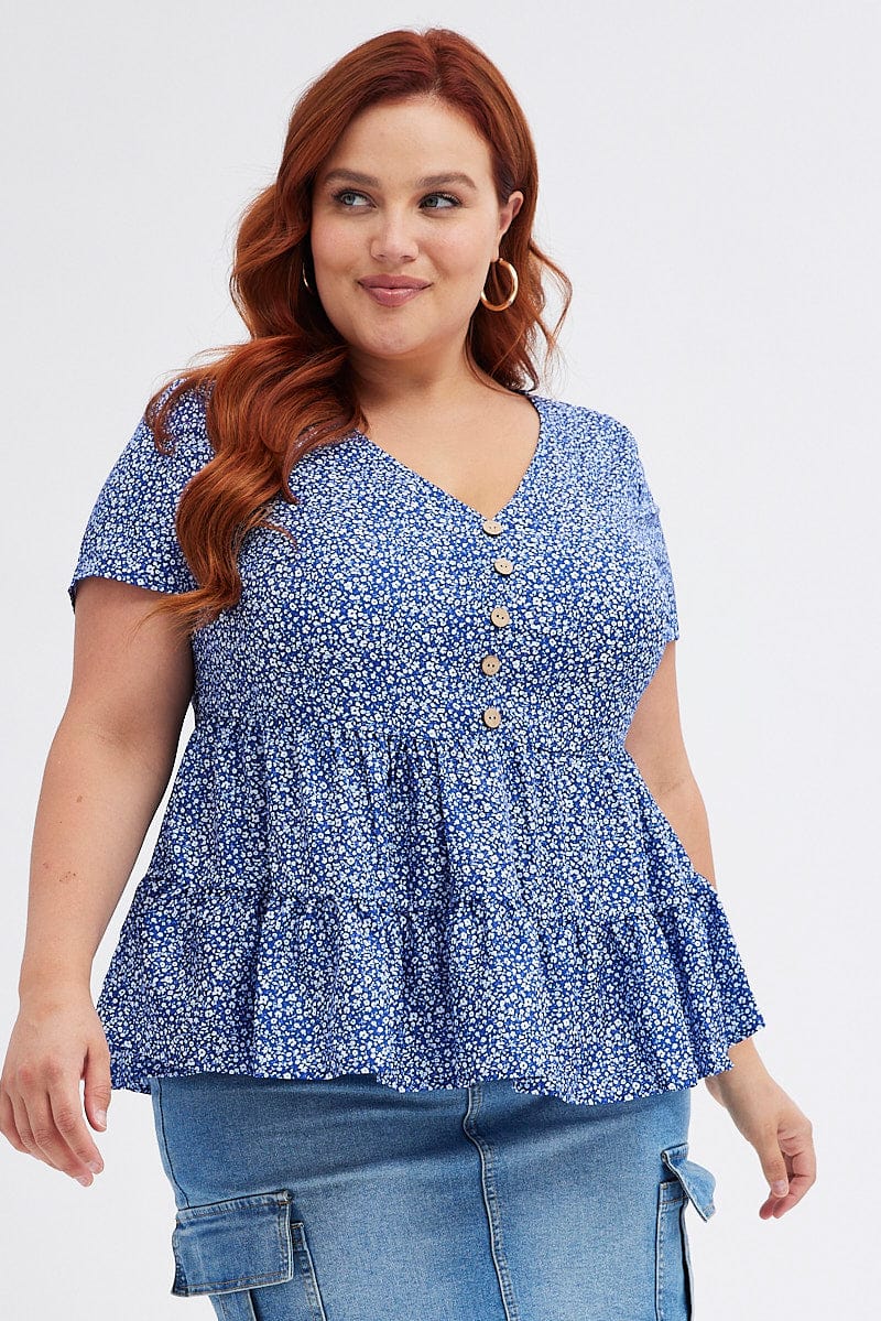 Blue Ditsy Tiered Top Short Sleeve V-Neck for YouandAll Fashion