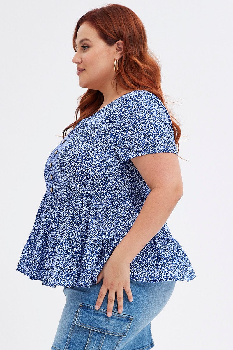 Blue Ditsy Tiered Top Short Sleeve V-Neck for YouandAll Fashion