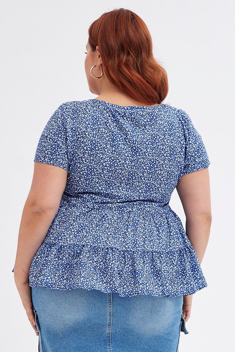 Blue Ditsy Tiered Top Short Sleeve V-Neck for YouandAll Fashion