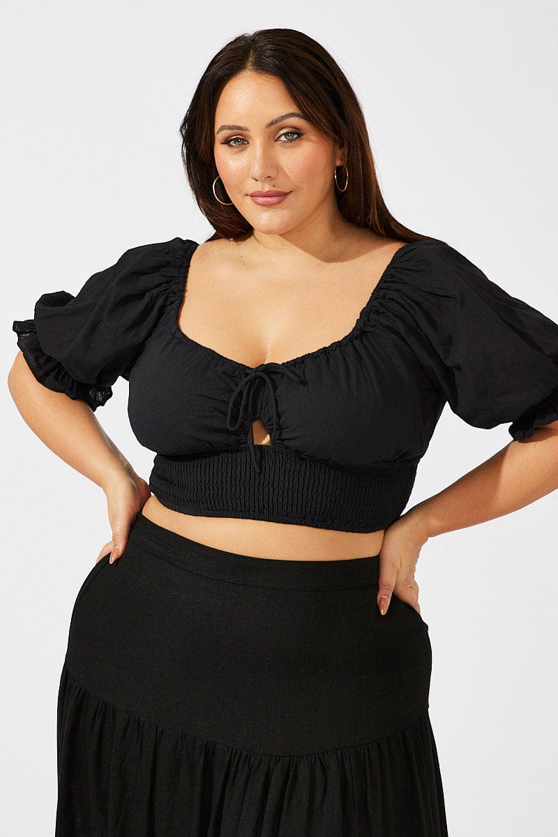 Black Crop Top Short Sleeve Cut Out Shirred for YouandAll Fashion