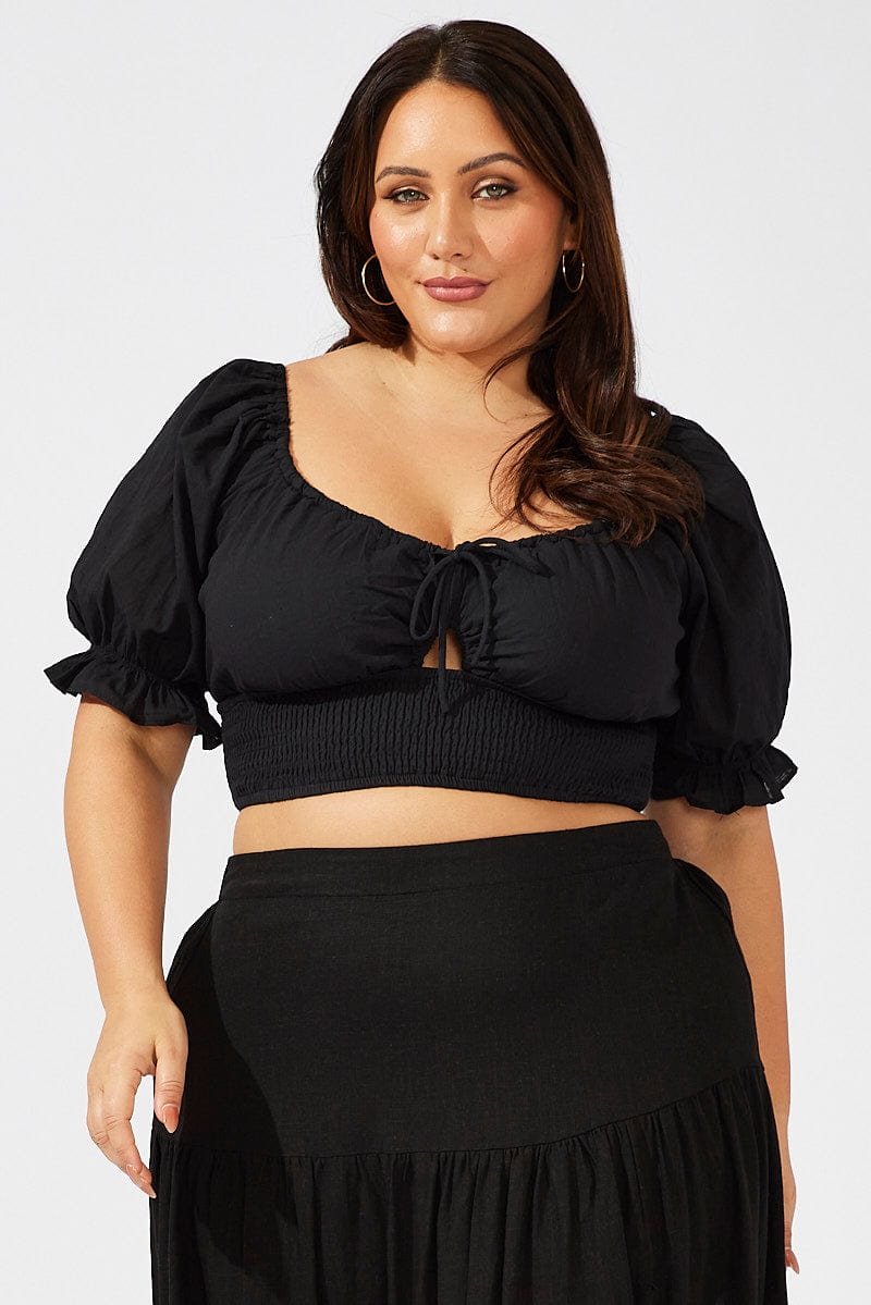 Black Crop Top Short Sleeve Cut Out Shirred for YouandAll Fashion