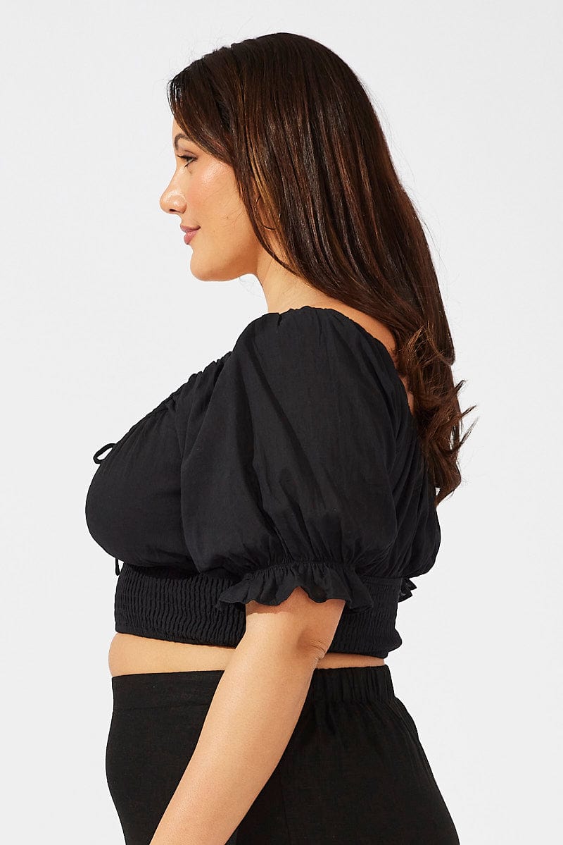 Black Crop Top Short Sleeve Cut Out Shirred for YouandAll Fashion