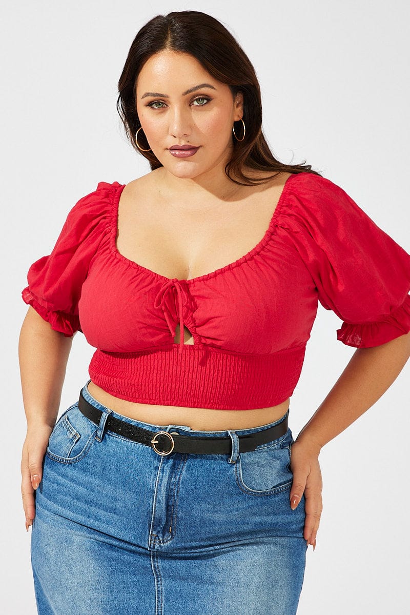 Red Crop Top Short Sleeve Cut Out Shirred for YouandAll Fashion