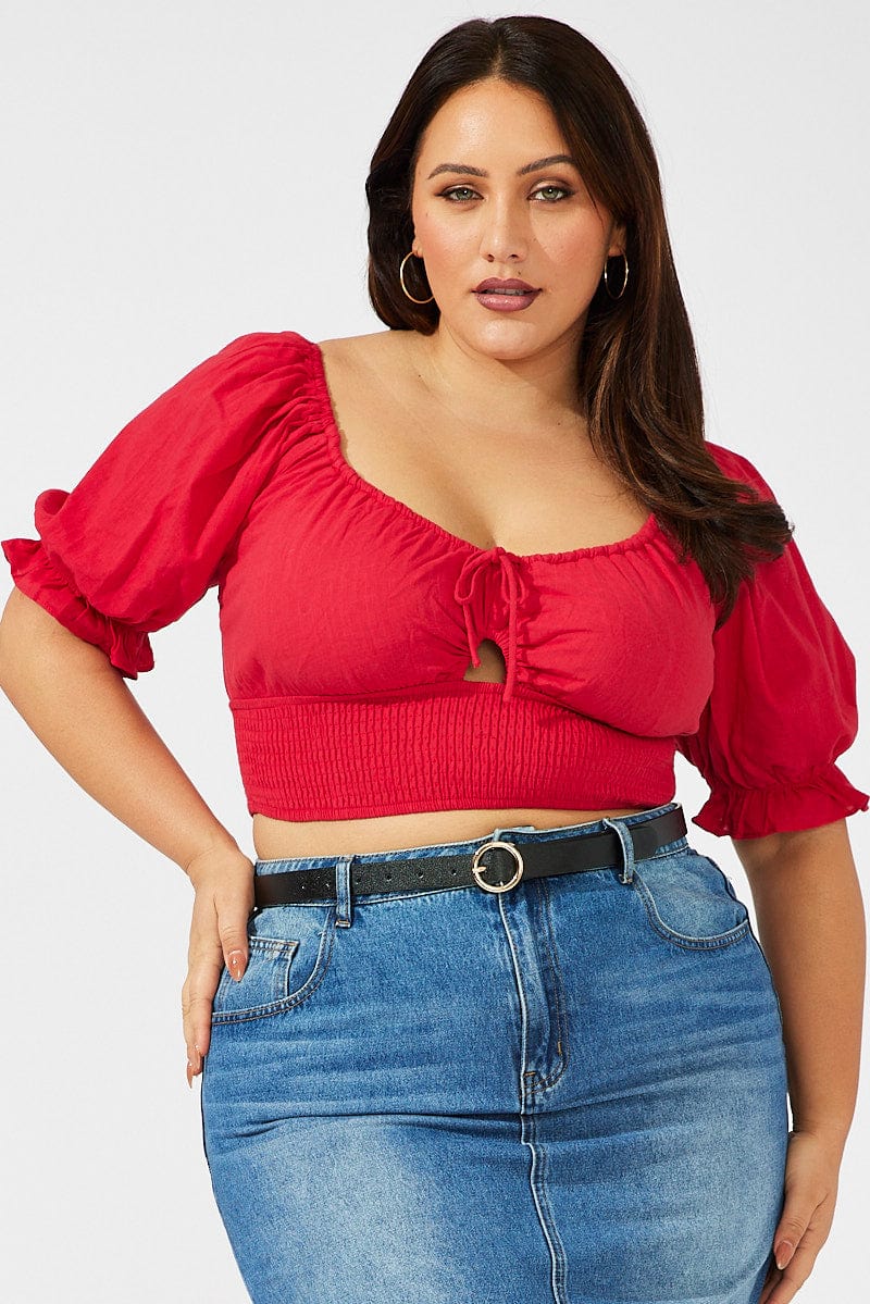 Red Crop Top Short Sleeve Cut Out Shirred for YouandAll Fashion