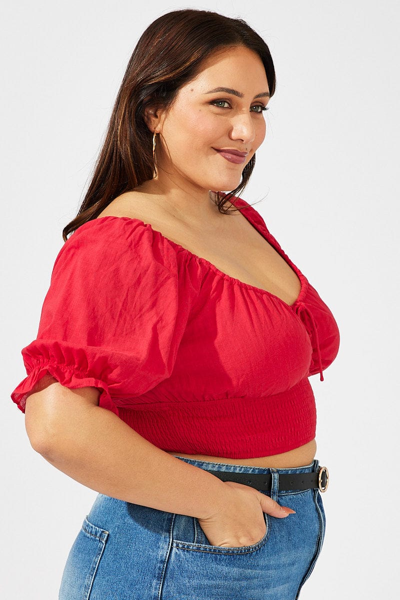 Red Crop Top Short Sleeve Cut Out Shirred for YouandAll Fashion