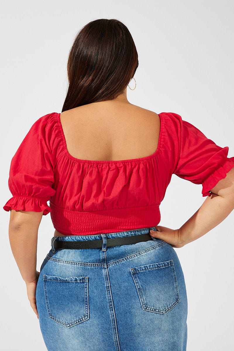 Red Crop Top Short Sleeve Cut Out Shirred for YouandAll Fashion