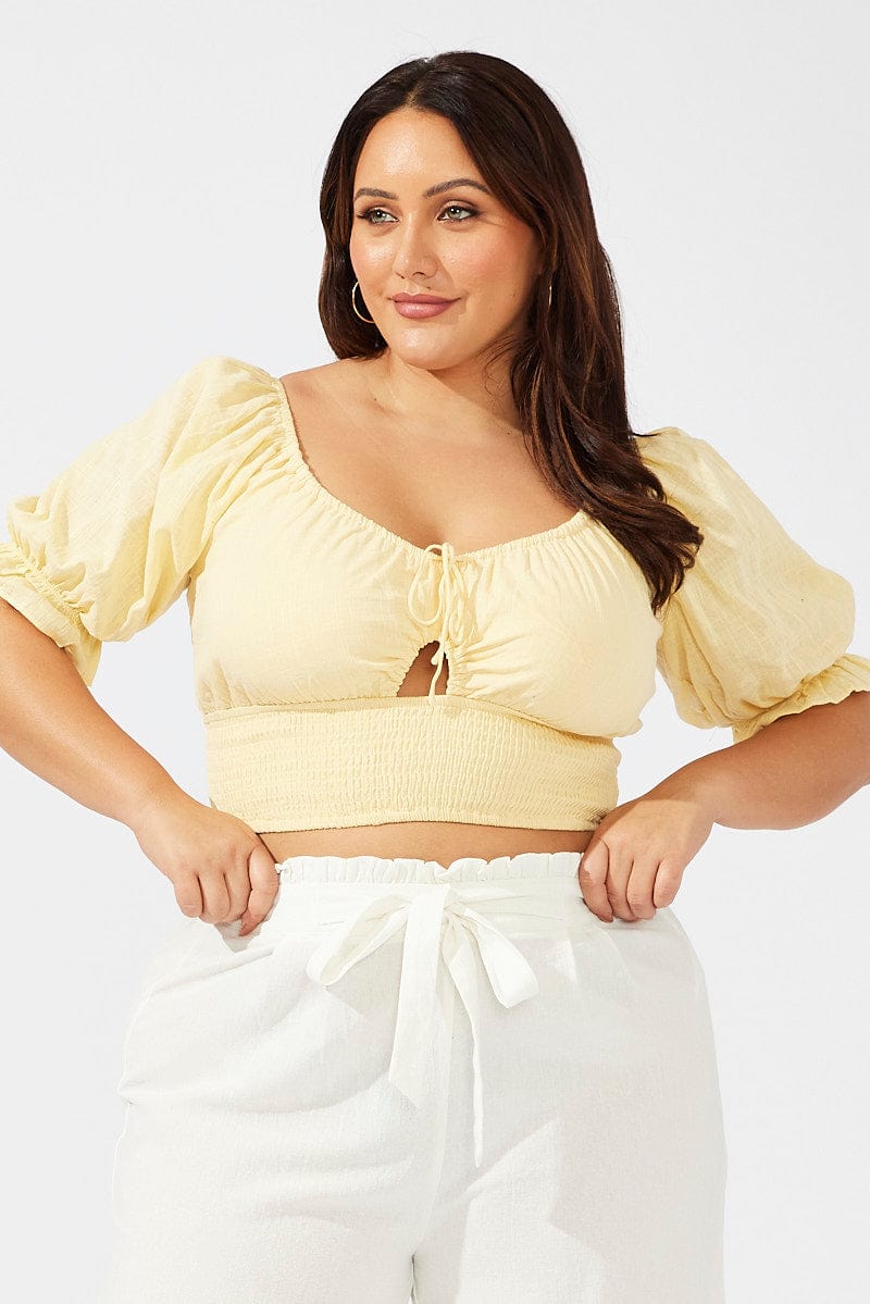 Yellow Crop Top Short Sleeve Cut Out Shirred for YouandAll Fashion