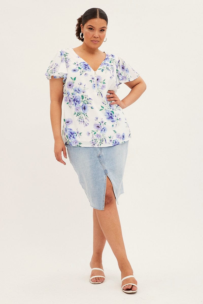 Blue Floral Relaxed Top Short Sleeve V Neck Zip Front for YouandAll Fashion